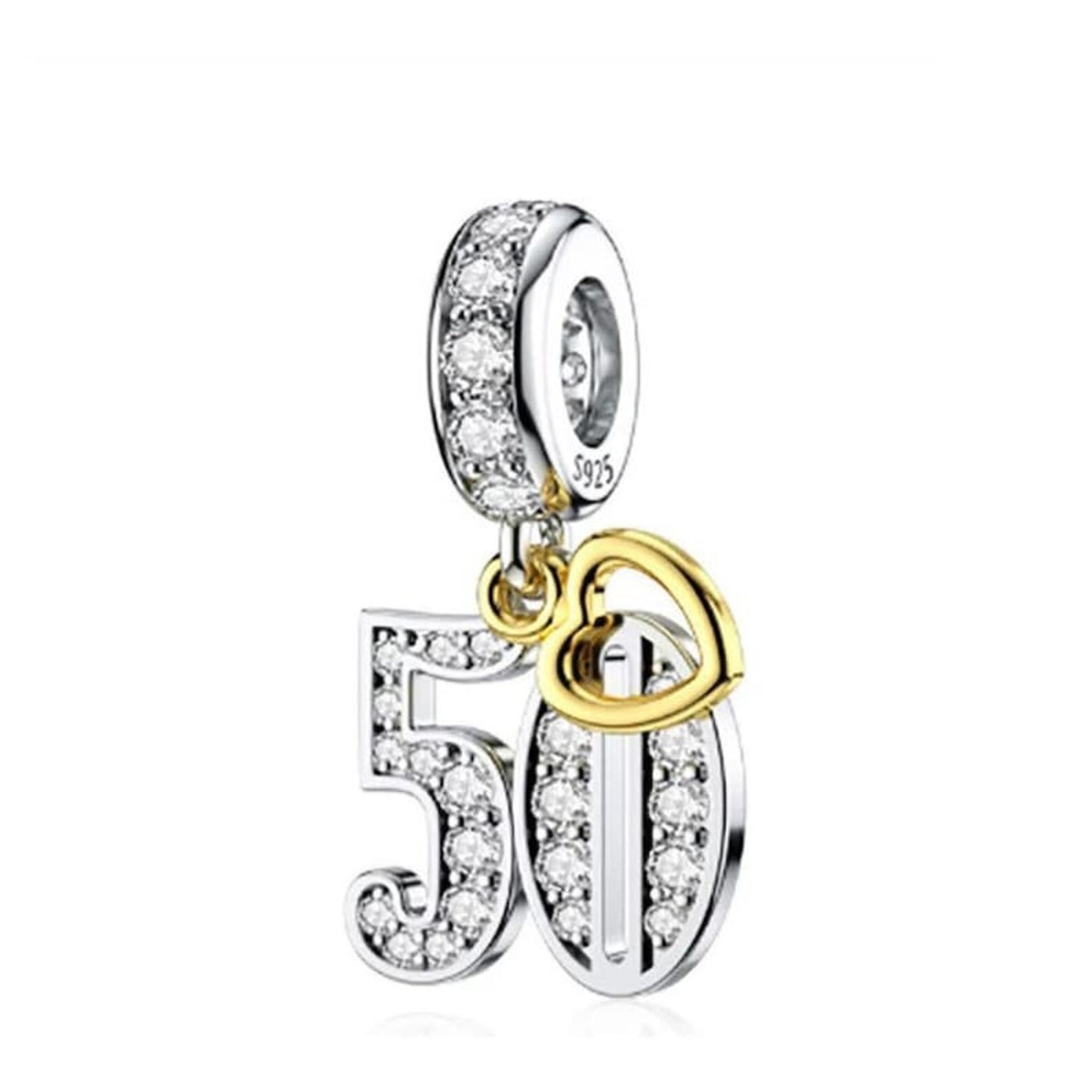 50th Birthday Gold Tag Dangle Charm Hallmarked S925 Sterling Silver