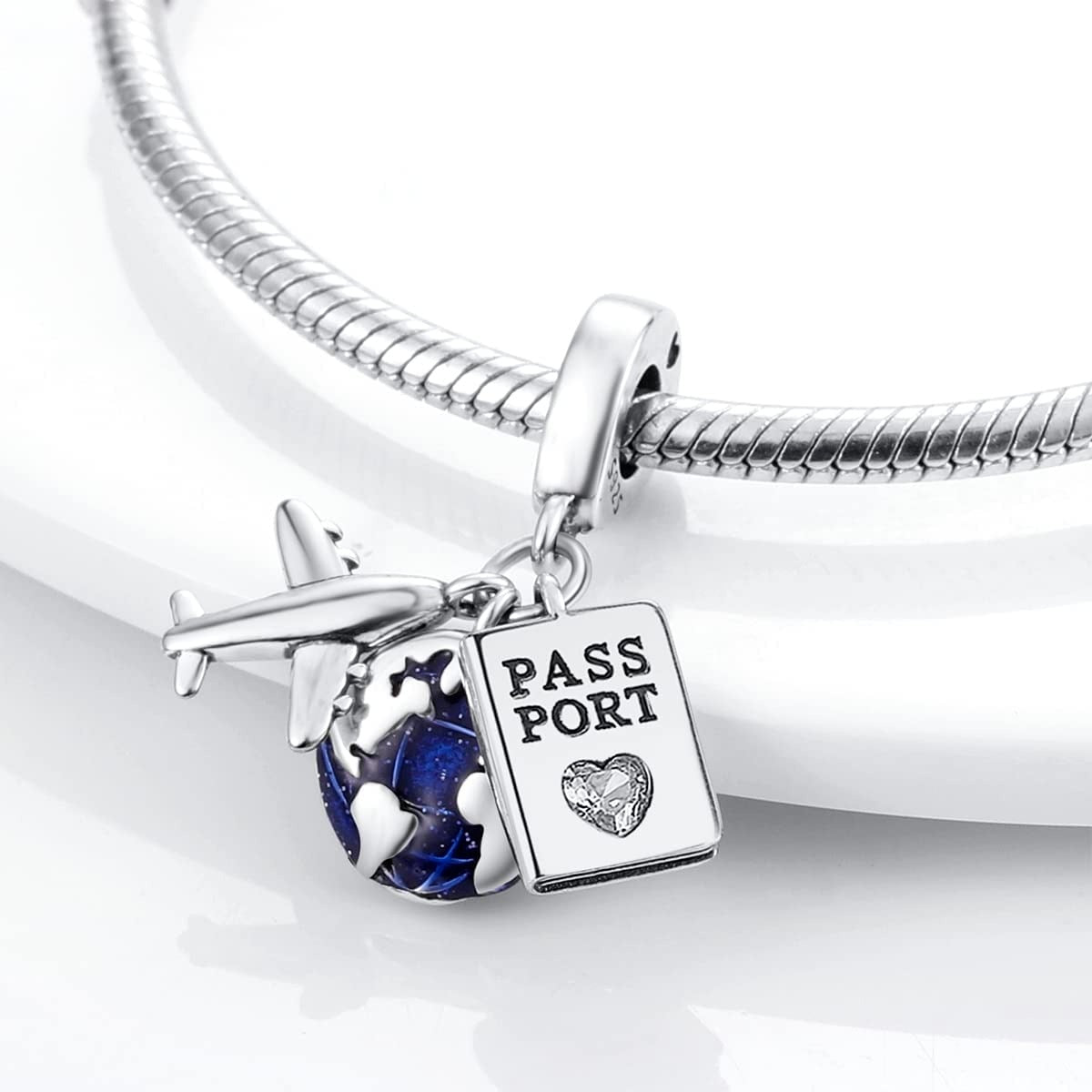Airplane Passport Travel Dangle Charm Hallmarked S925 Sterling Silver-For Women's Bracelet