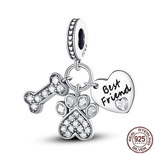 Best Friend Dog Paw Print Dangle Charm Hallmarked S925 Sterling Silver For Women's Bracelet