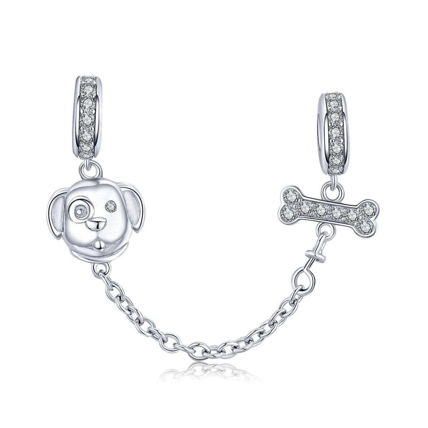 Dog and Bone Safety Chain Bead Charm Hallmarked S925 Sterling Silver For Women's Bracelet