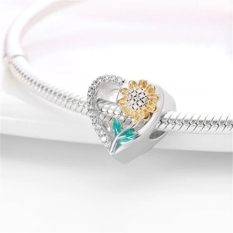 Family Sunflower Heart Bead Charm Hallmarked S925 Sterling Silver For Women's Bracelet