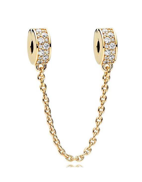 Sparkling Gold Safety Chain Charm Hallmarked S925 Sterling Silver