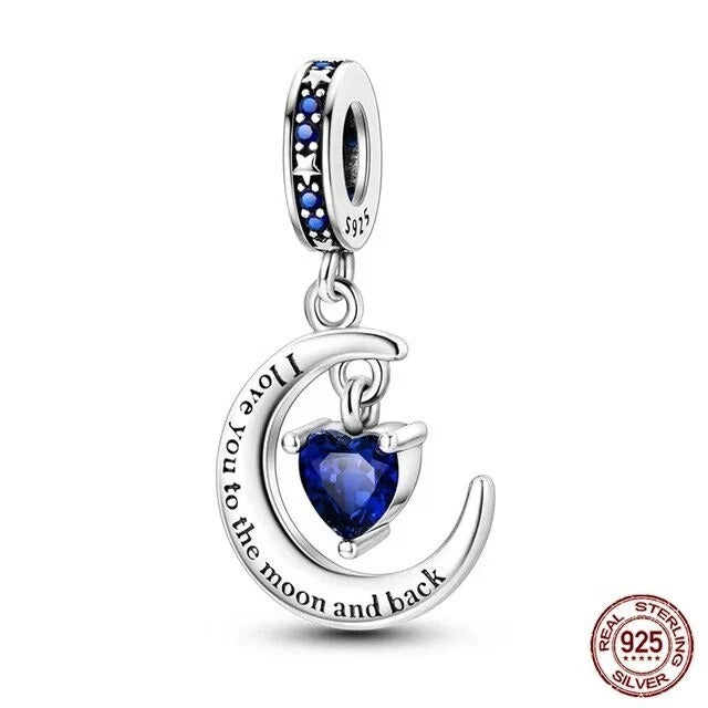 I Love You to the Moon & Back Heart Dangle Charm Hallmarked S925 Sterling Silver