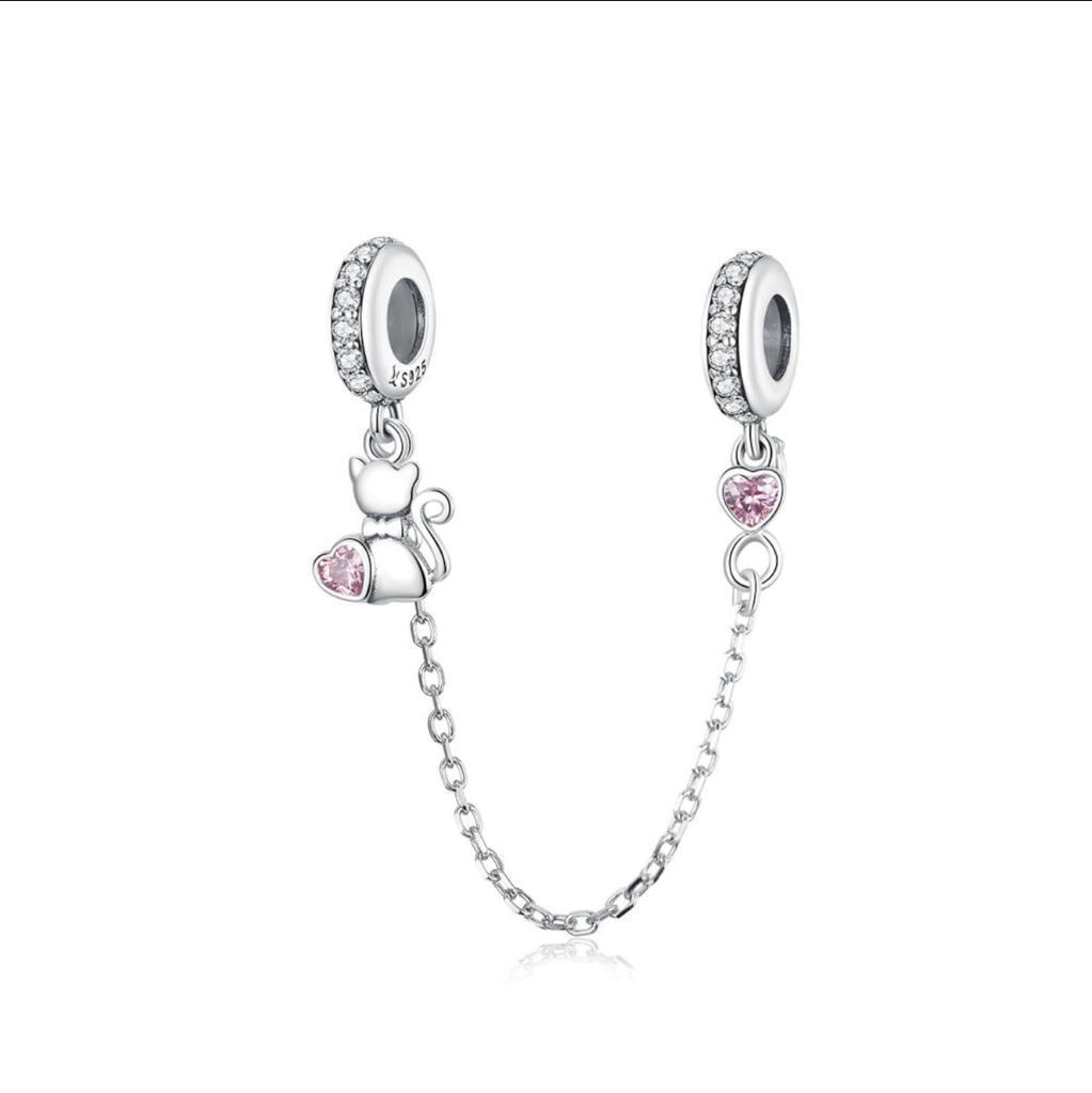 Pet Cat Heart Safety Chain Charm Hallmarked S925 Sterling Silver