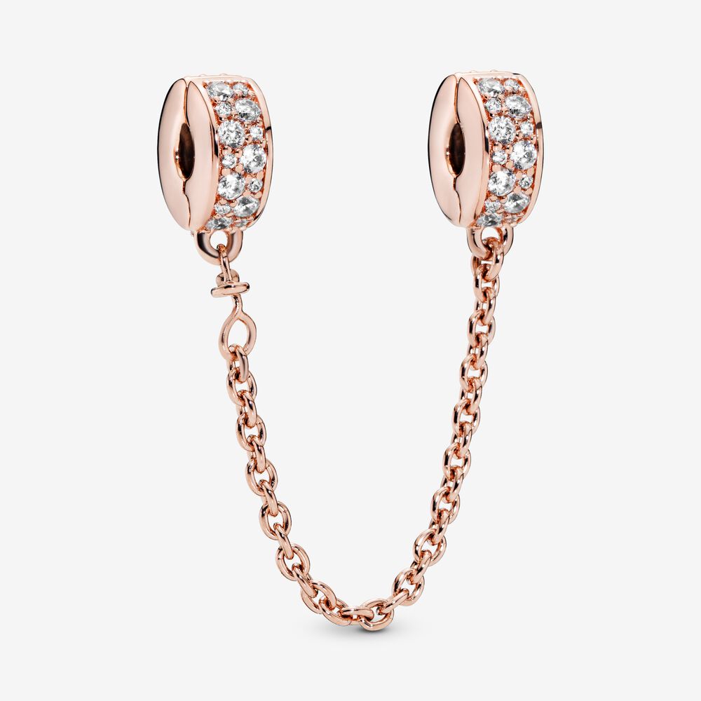 Sparkling Rose Gold Safety Chain Charm Hallmarked S925 Sterling Silver