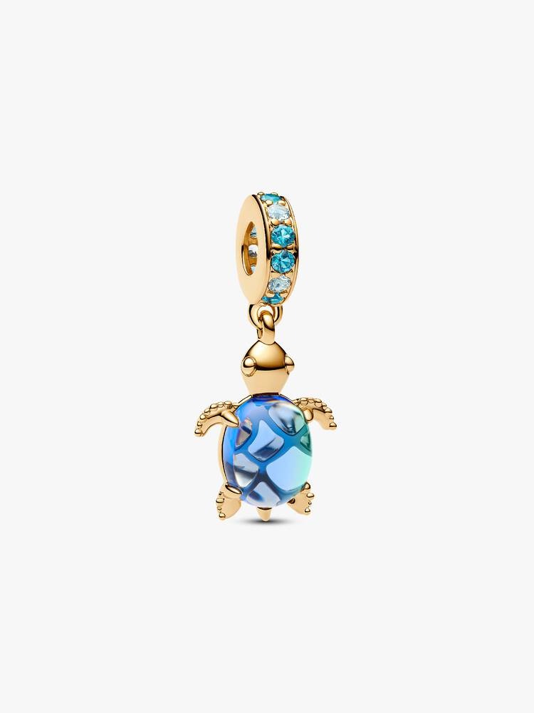 Sea Turtle Blue Murano Glass Gold Dangle Charm Hallmarked S925 Sterling Silver For Women's Bracelet