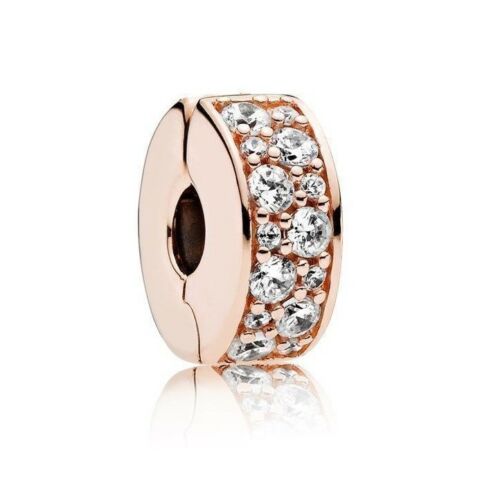 Stopper Clip Rose gold Clear Clip Charm Hallmarked S925 Sterling Silver-For Women's Bracelet
