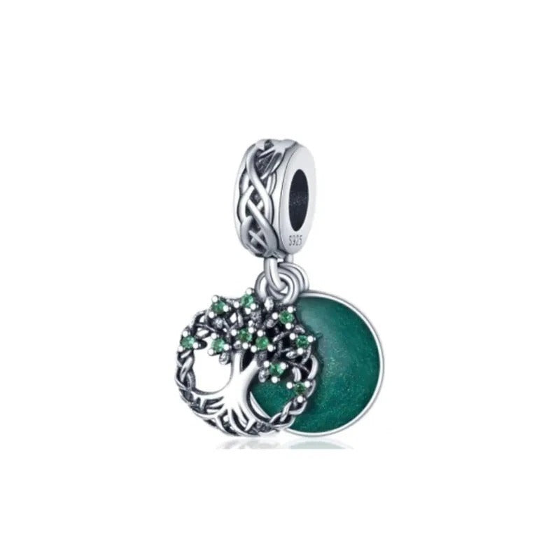 Tree of Life Green Pendant Dangle Christmas Charm Hallmarked S925 Sterling Silver