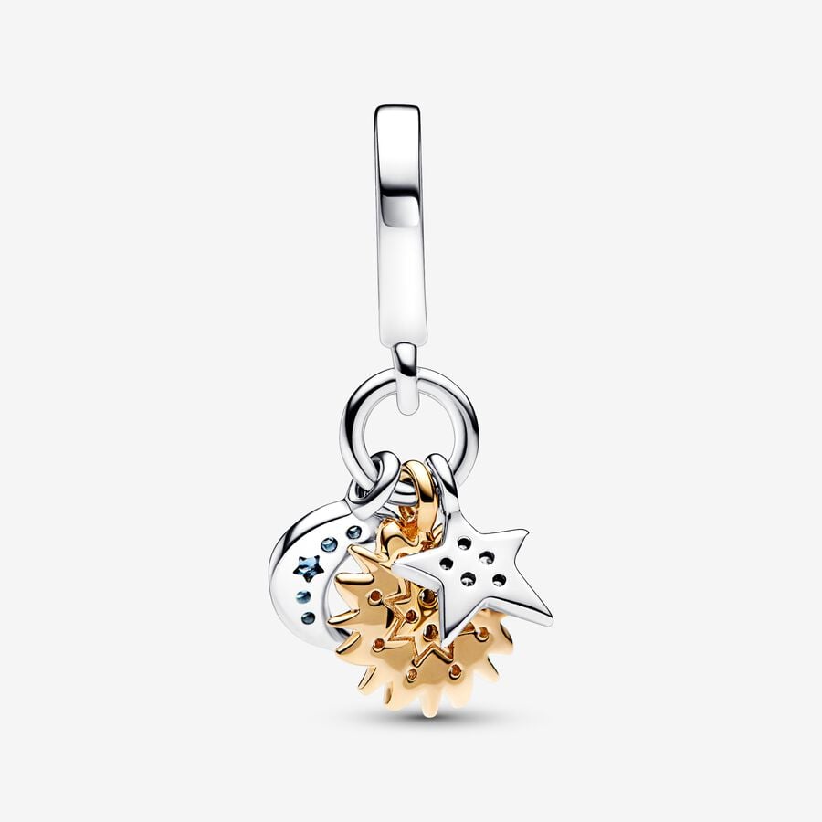 Two-Tone Celestial Sun Star & Moon Triple Dangle Charm Hallmarked S925 Sterling Silver