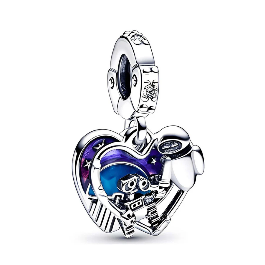Disney Wall-E & Eve Glow in the Dark Dangle Charm Hallmarked S925 Sterling Silver