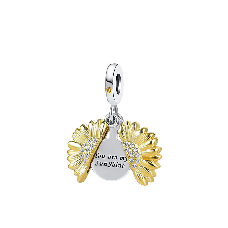 Yellow Sunflower Dangle Charm Hallmarked S925 Sterling Silver For Women's Bracelet