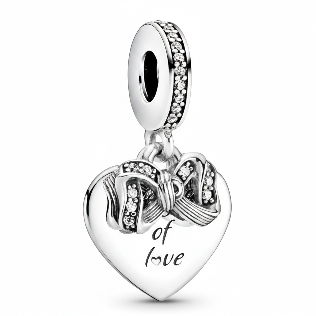 Bow of Love Heart Dangle Charm in 925 sterling silver with pavé CZ bow and cursive engraving