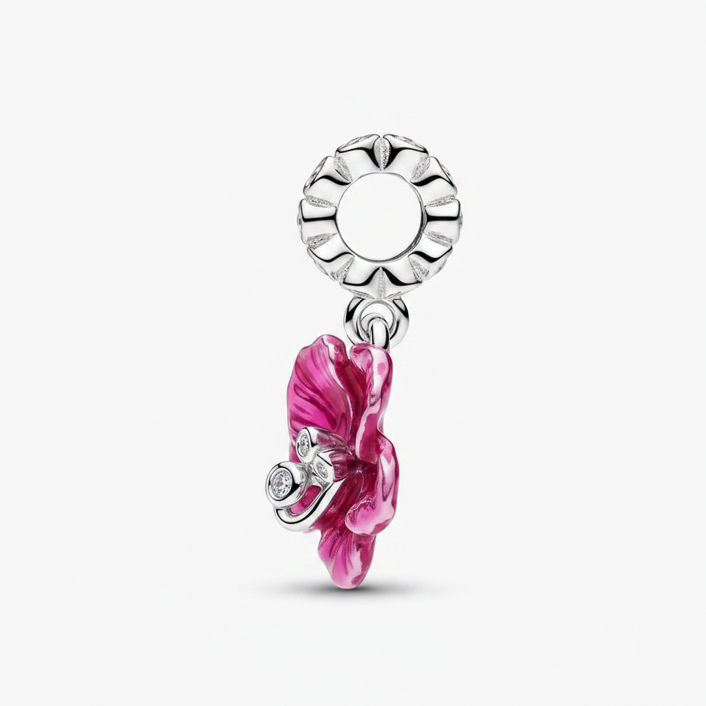 Pink flower charm - side profile white background