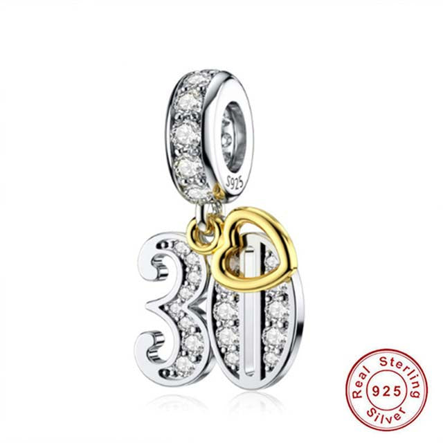 30th Birthday Gold Tag Dangle Charm Hallmarked S925 Sterling Silver