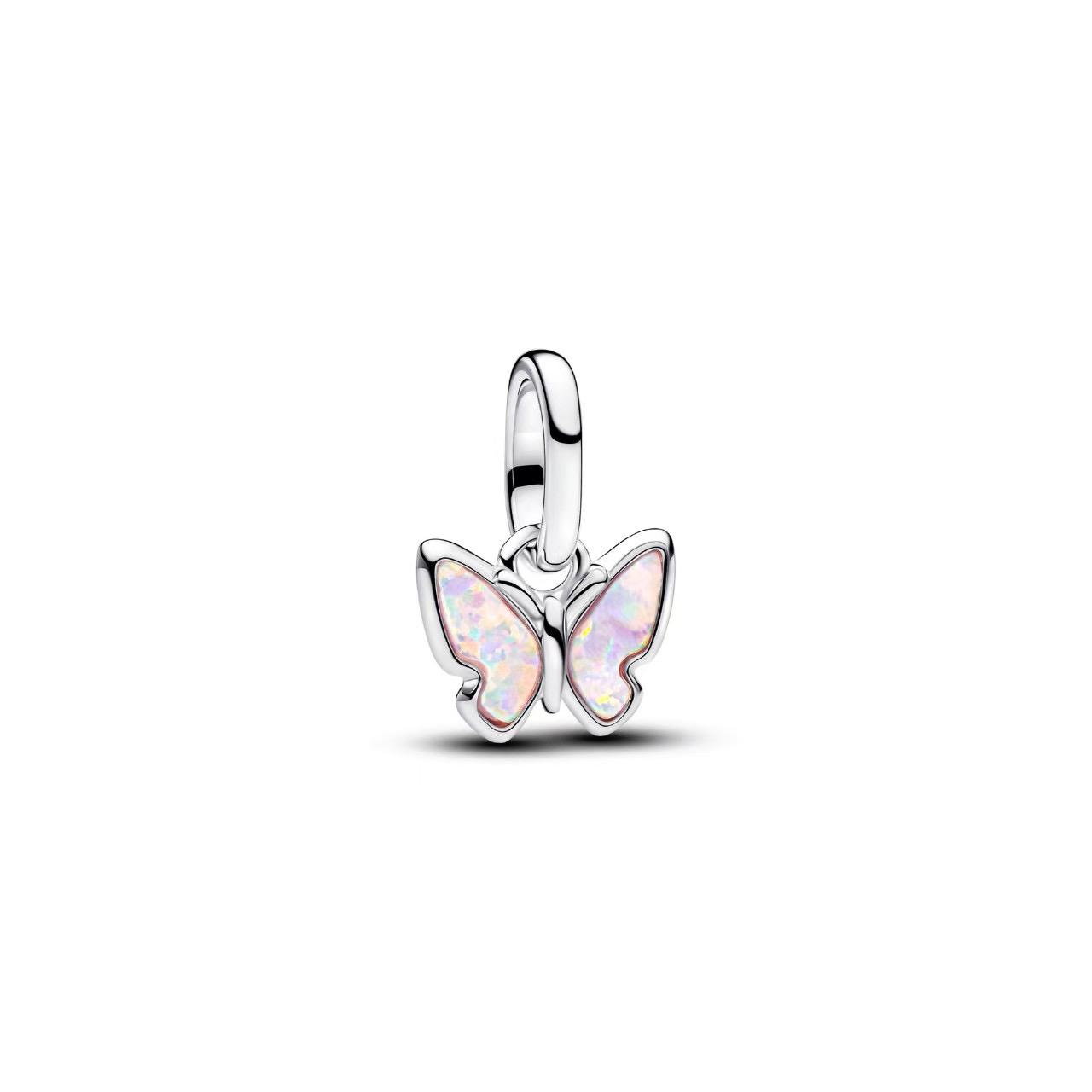 Heart Pink Butterfly Mini Dangle Charm Hallmarked S925 Sterling Silver