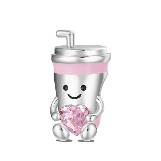 Fun Coffee-To-Go Cup Pink Embraces Love Charm Hallmarked S925 Sterling Silver