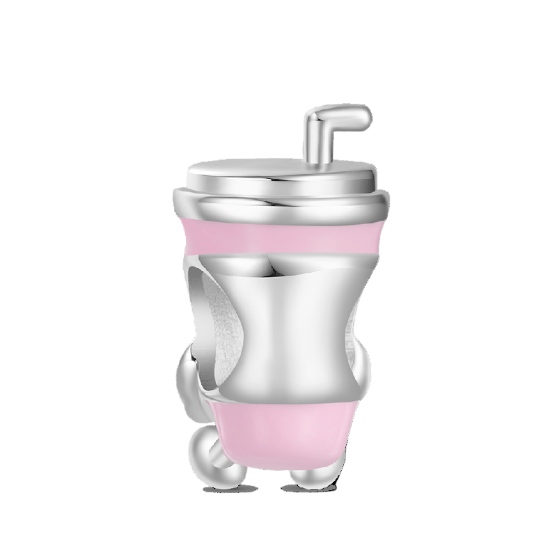 Fun Coffee-To-Go Cup Pink Embraces Love Charm Hallmarked S925 Sterling Silver