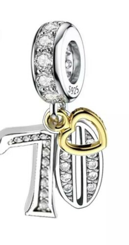 70th Birthday Gold Tag Dangle Charm Hallmarked S925 Sterling Silver