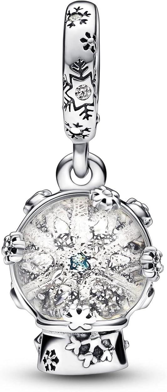 Snowflake Snow globe Dangle Charm Hallmarked S925 Sterling Silver