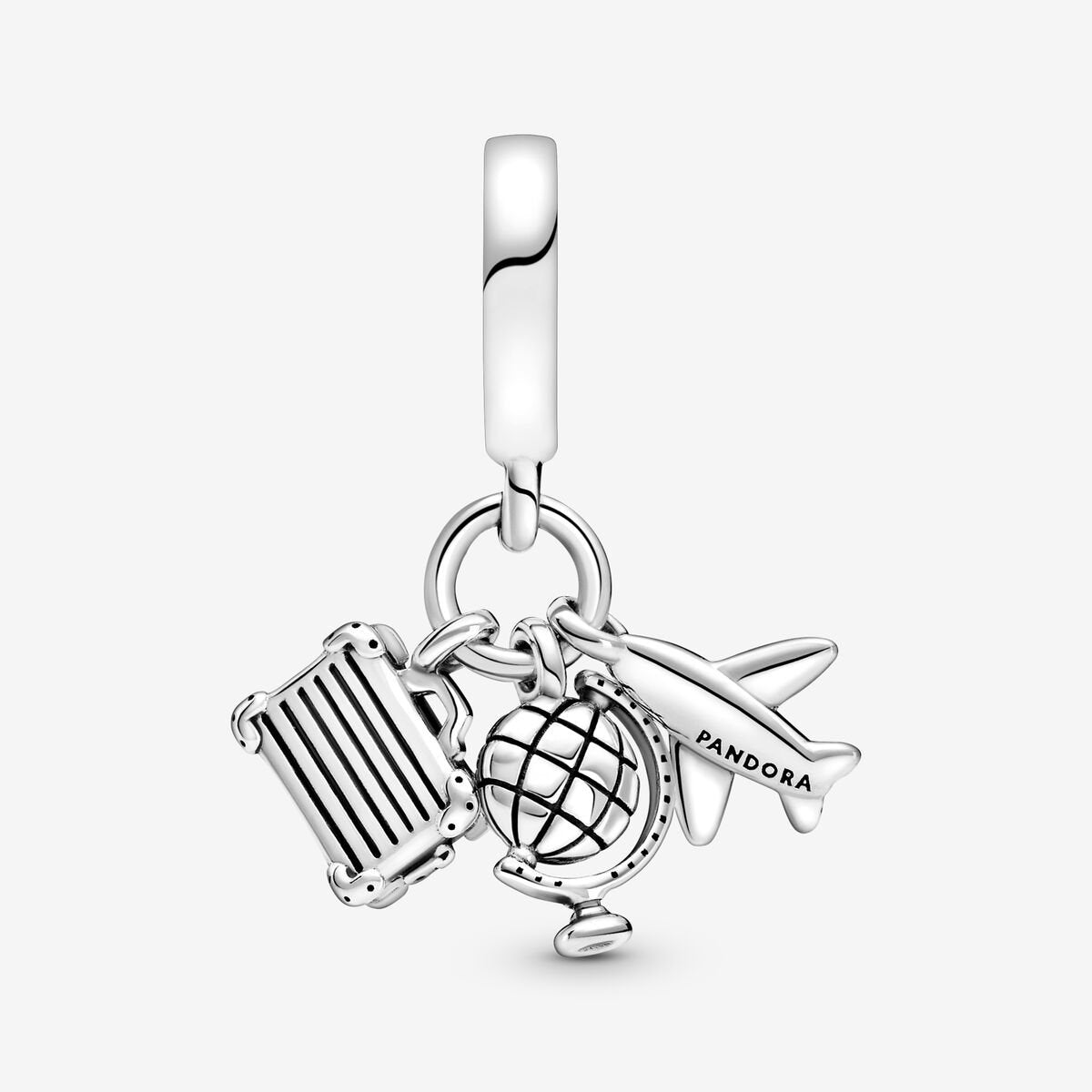 Airplane, Globe & Suitcase Travel Dangle Charm Hallmarked S925 Sterling Silver