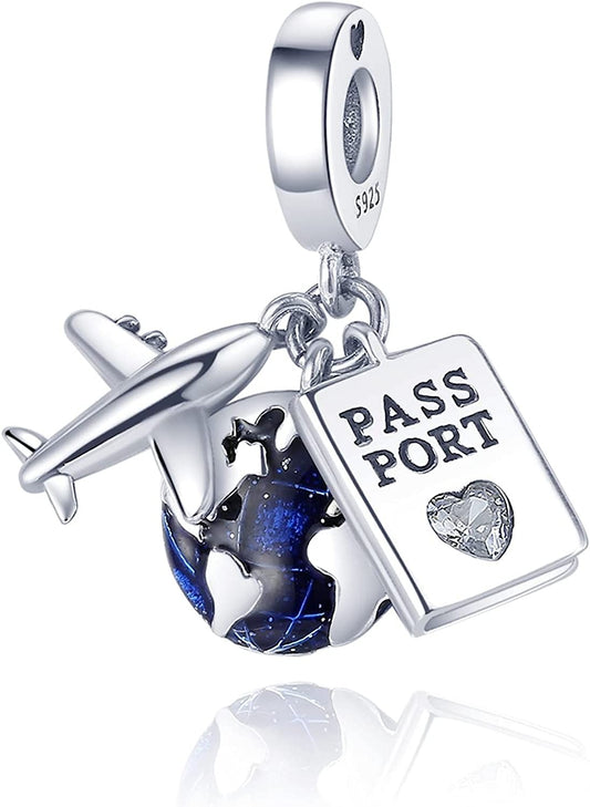 Airplane Passport Travel Dangle Charm Hallmarked S925 Sterling Silver-For Women's Bracelet