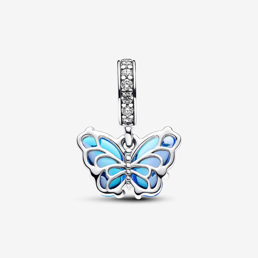 Blue Murano Glass Butterfly Dangle Charm Hallmarked S925 Sterling Silver