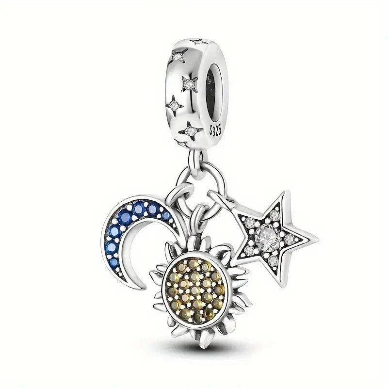 Celestial Sun Star & Moon Triple Dangle Charm Hallmarked S925 Sterling Silver