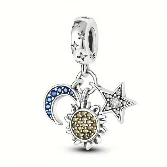 Celestial Sun Star & Moon Triple Dangle Charm Hallmarked S925 Sterling Silver