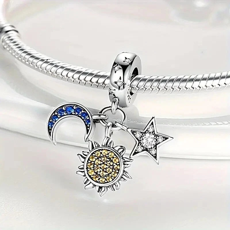 Celestial Sun Star & Moon Triple Dangle Charm Hallmarked S925 Sterling Silver