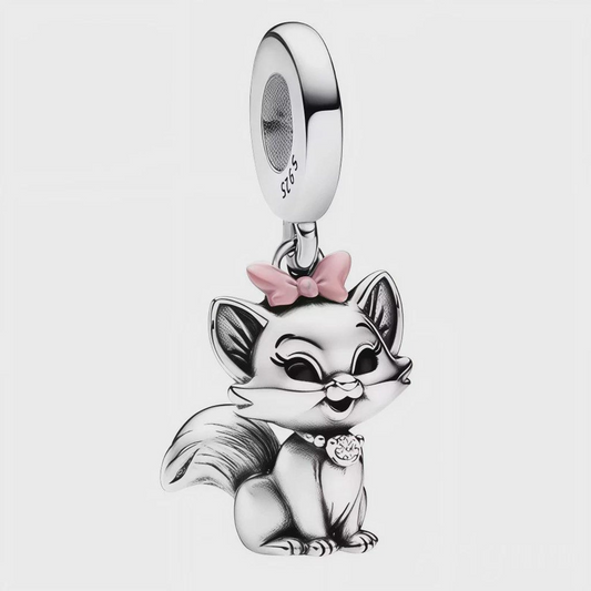 Cat with Pink Bow Dangle Charm – 925 Sterling Silver For Women's Bracelet