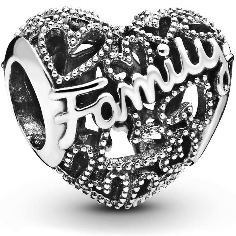 Family  Heart  Bead Charm Hallmarked S925 Sterling Silver