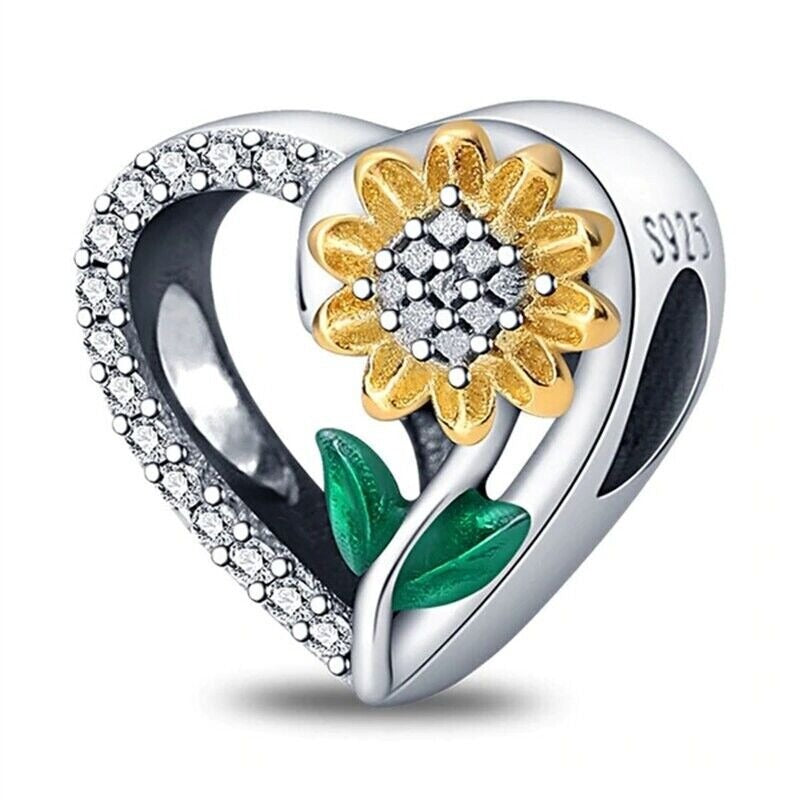 Family Sunflower Heart Bead Charm Hallmarked S925 Sterling Silver For Women's Bracelet