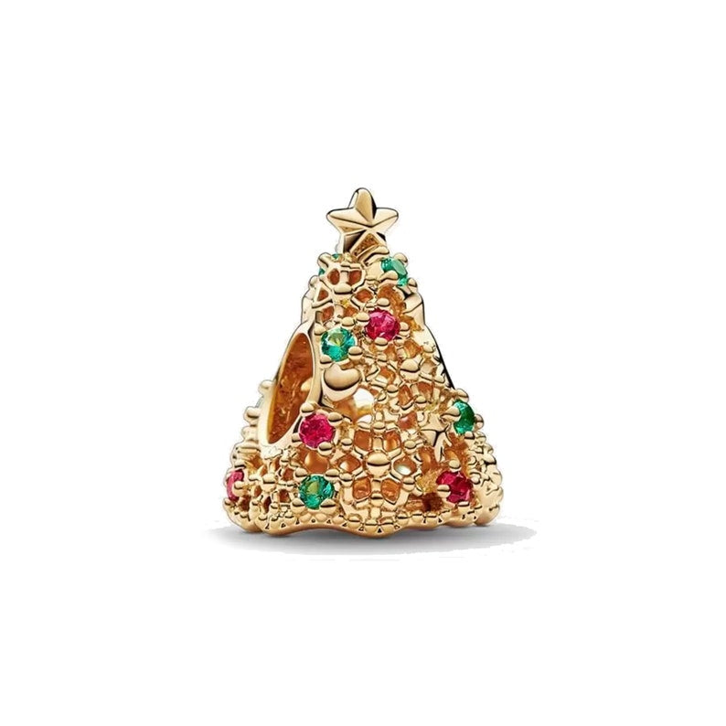 Glitter Christmas Tree Bead Charm Hallmarked S925 Sterling Silver