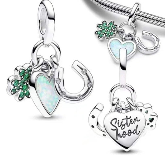 Four Leaf Clover Good luck triple Dangle Charm Hallmarked S925 Sterling Silver