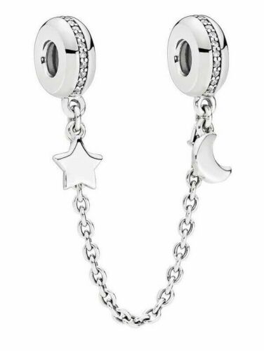 Half Moon Star Safety Chain Charm Hallmarked S925 Sterling Silver