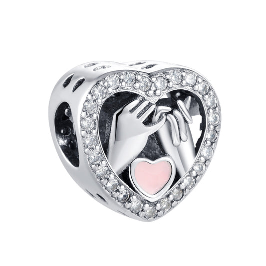 Holding Hands Love Heart pink Bead Charm Hallmarked S925 Sterling Silver