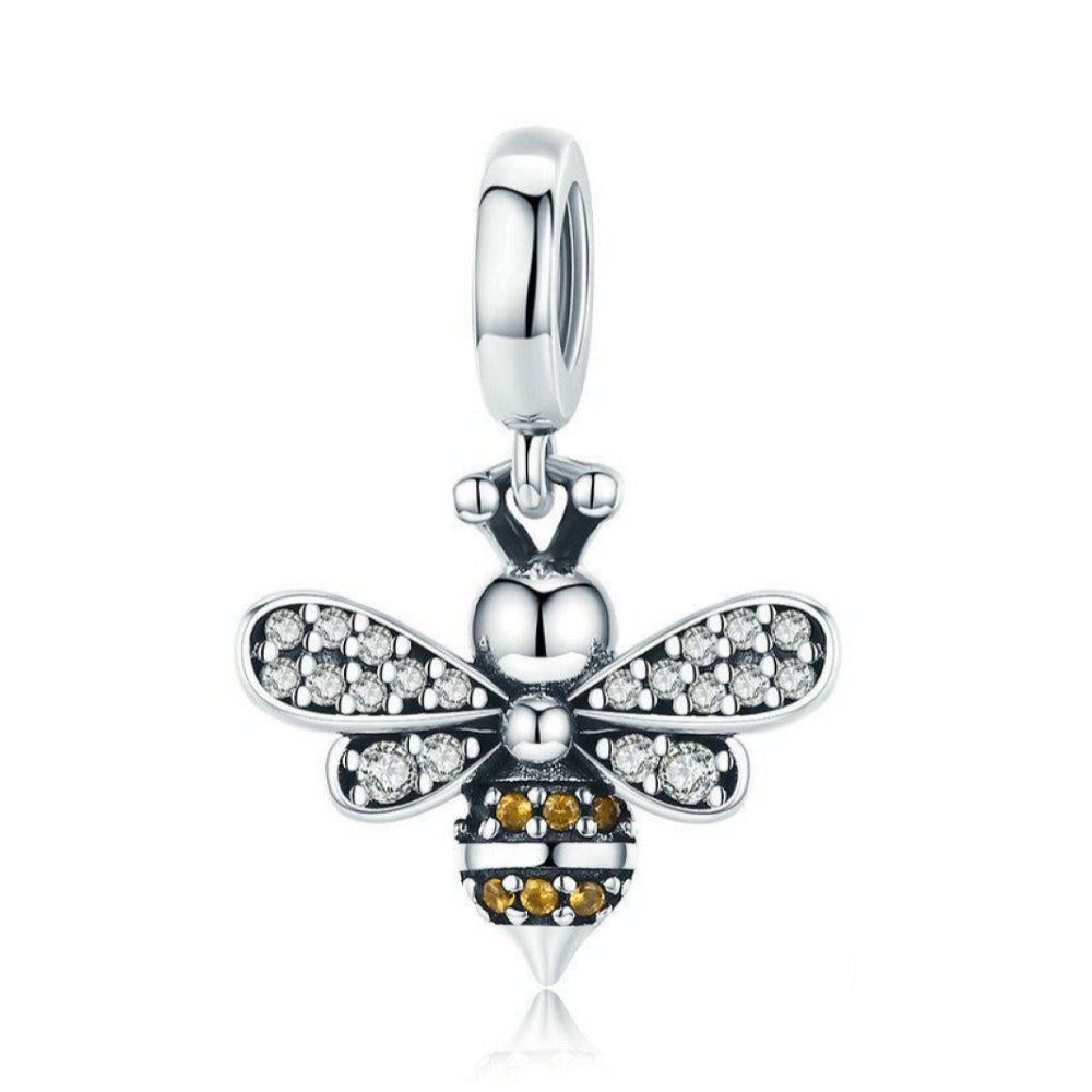 Sparkling Queen Bee Dangle Pendant Charm Hallmarked S925 Sterling Silver