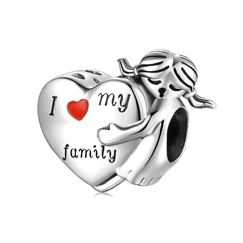I Love My Family Heart Little Girl Bead Charm Hallmarked S925 Sterling Silver