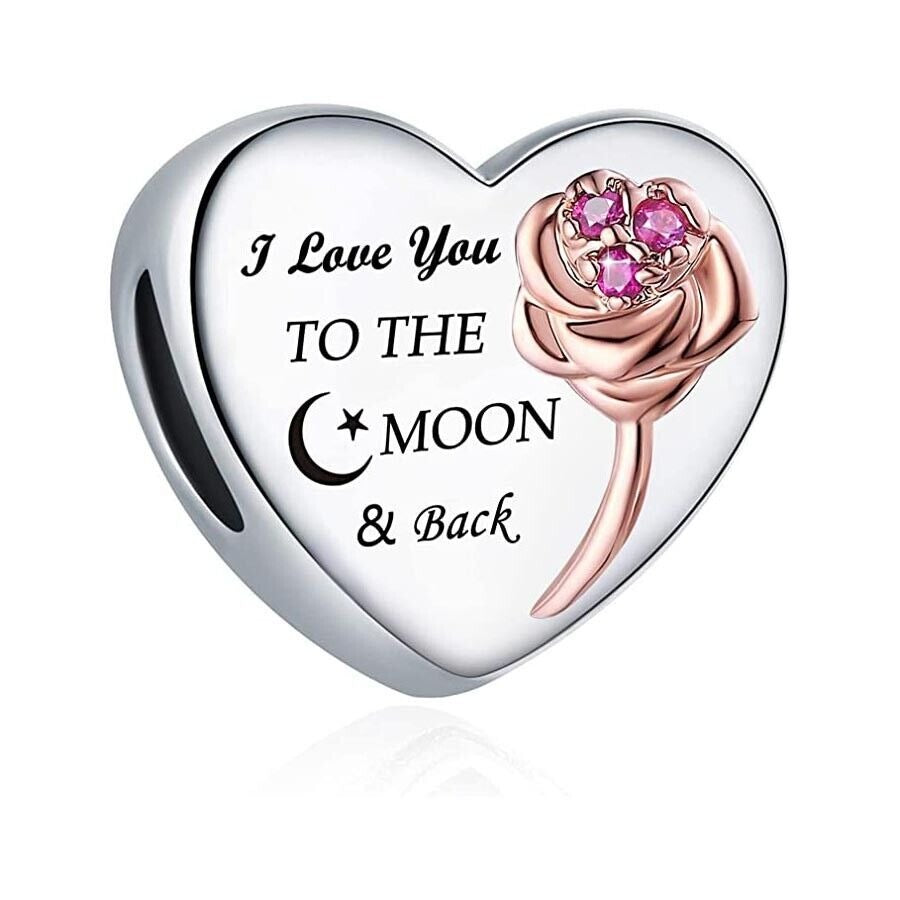 I Love You to The Moon and Back flower Bead Charm Hallmarked S925 Sterling Silver For Women's Bracelet