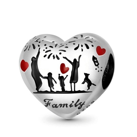 Love of Family Heart Bead Charm Hallmarked S925 Sterling Silver