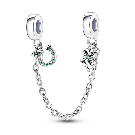 Lucky Shoe & Clover Safety Chain Charm Hallmarked S925 Sterling Silver