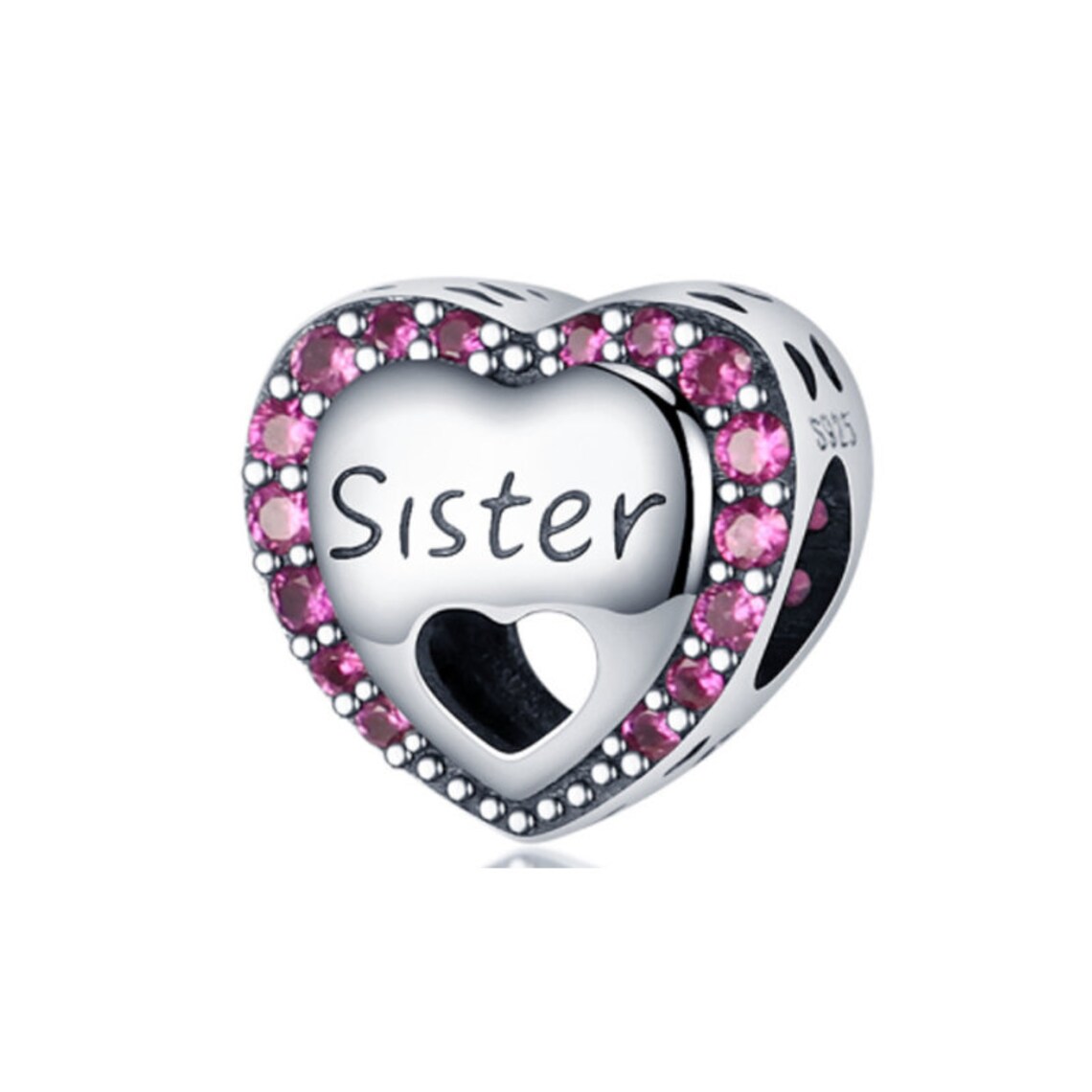 Sister Pink Heart Charm Hallmarked S925 Sterling Silver