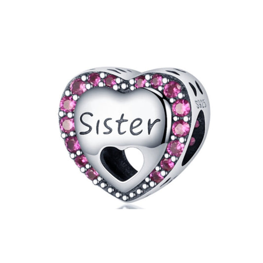 Sister Pink Heart Charm Hallmarked S925 Sterling Silver
