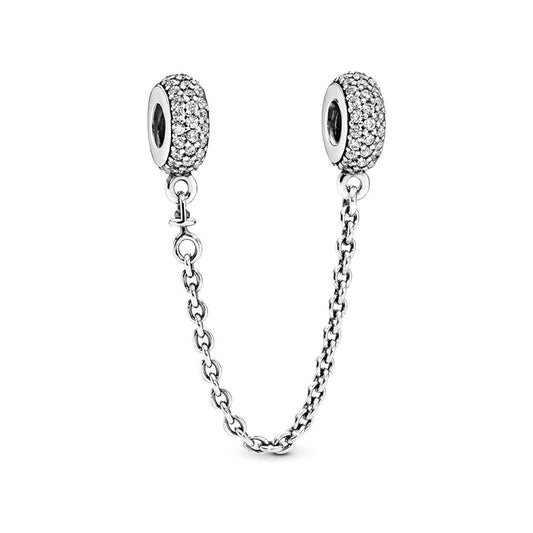 Sparkling Pave Beaded Safety Chain Charm Hallmarked S925 Sterling Silver