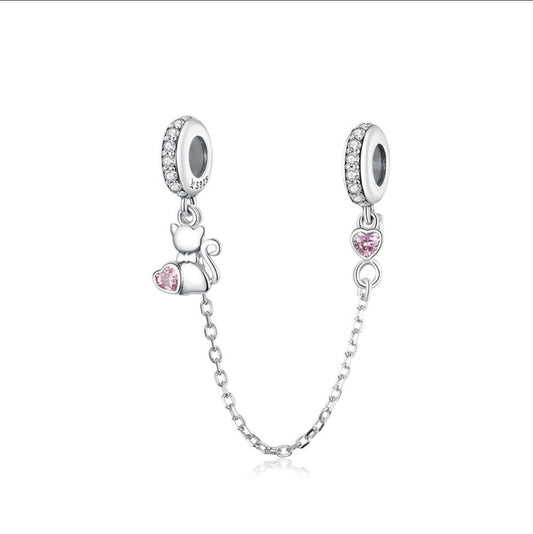 Pet Cat Heart Safety Chain Charm Hallmarked S925 Sterling Silver