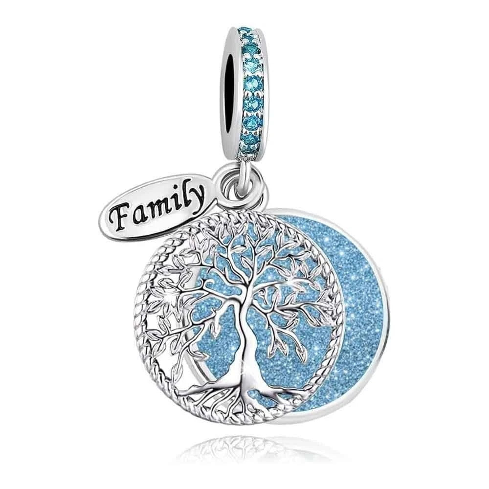 Sparkling Tree of Life Family Blue Double Dangle Christmas Charm Hallmarked S925 Sterling Silver