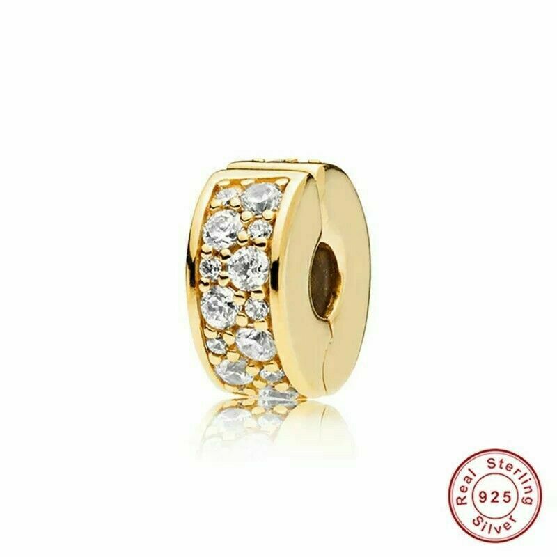 Stopper Gold Clear Clip Charm Hallmarked S925 Sterling Silver-For Women's Bracelet