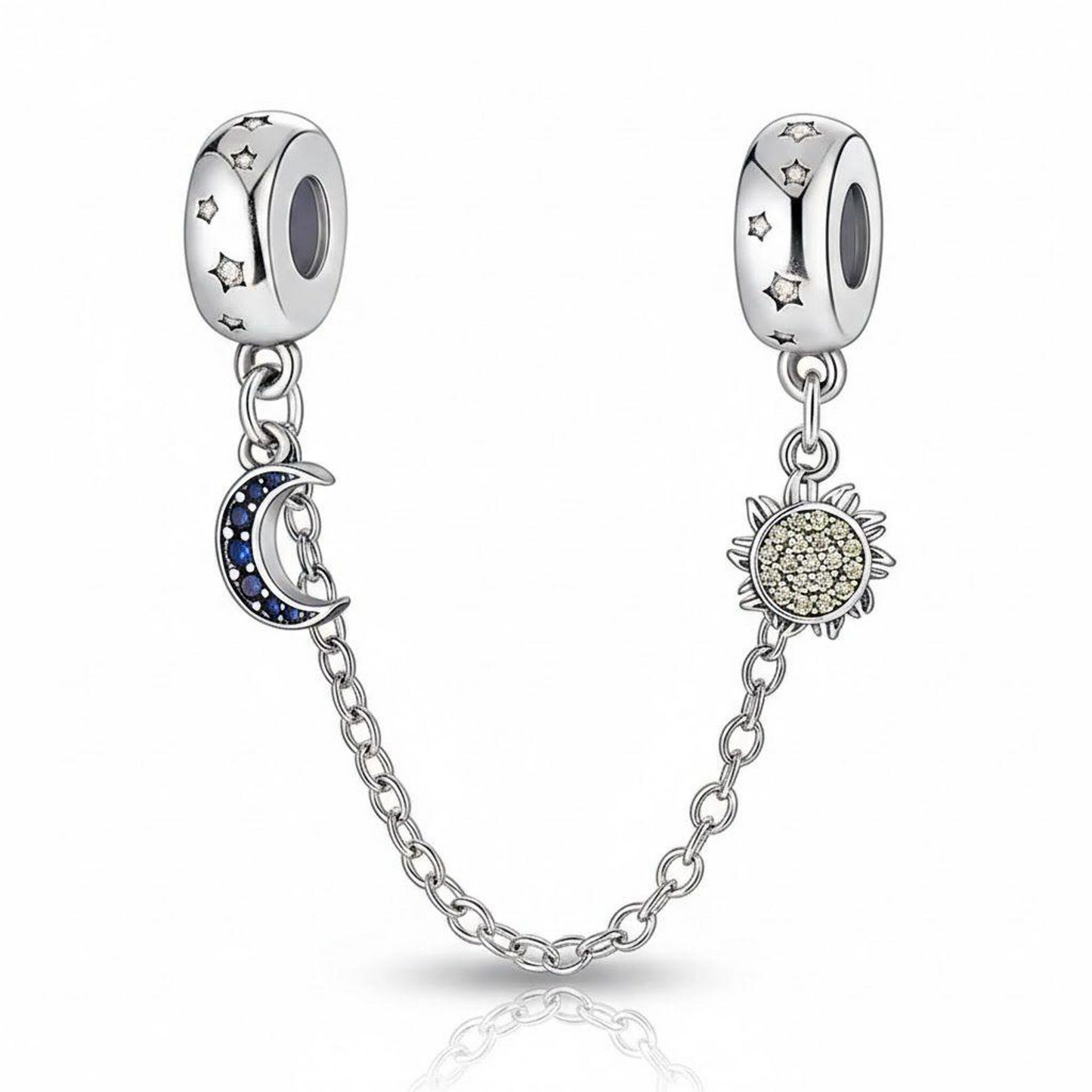 Sun & Moon Safety Chain Charm Hallmarked S925 Sterling Silver