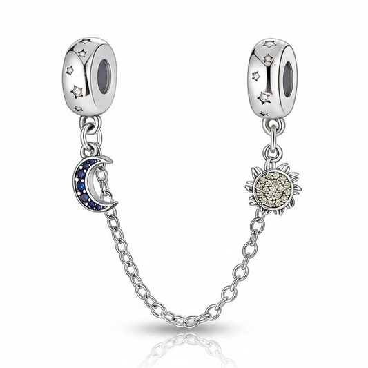 Sun & Moon Safety Chain Charm Hallmarked S925 Sterling Silver