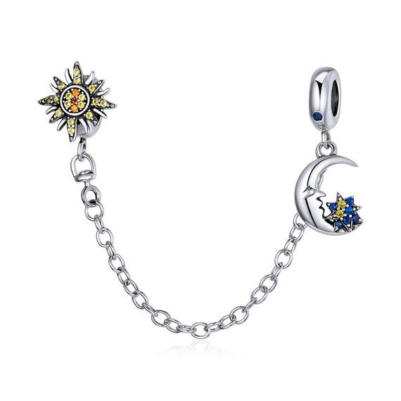 Sun & Moon Safety Chain Charm Hallmarked S925 Sterling Silver